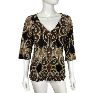 Agenda 90s Vintage Brown Paisley Low V-Neck Blouse